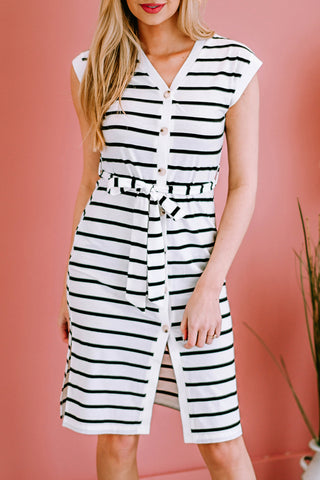Shop Striped Button Front Tie Waist Dress Now On Klozey Store - Trnedy U.S. Premium Women Apparel & Accessories And Be Up-To-Fashion!