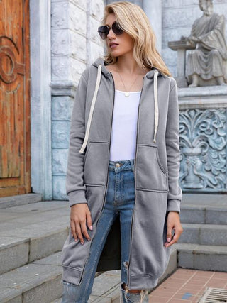 Shop Double Take Full Size Zip-Up Longline Hoodie with Pockets Now On Klozey Store - Trendy U.S. Premium Women Apparel & Accessories And Be Up-To-Fashion!