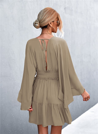 Shop Decorative Button Smocked Waist Surplice Dress Now On Klozey Store - U.S. Fashion And Be Up-To-Fashion!