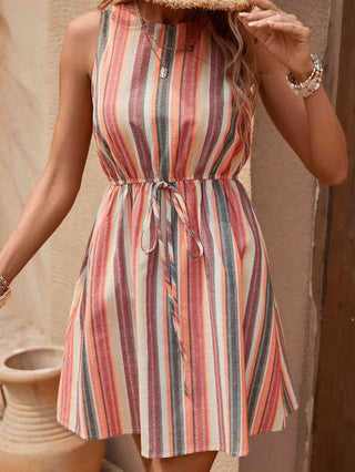 Shop Striped Drawstring Round Neck Sleeveless Dress Now On Klozey Store - Trendy U.S. Premium Women Apparel & Accessories And Be Up-To-Fashion!
