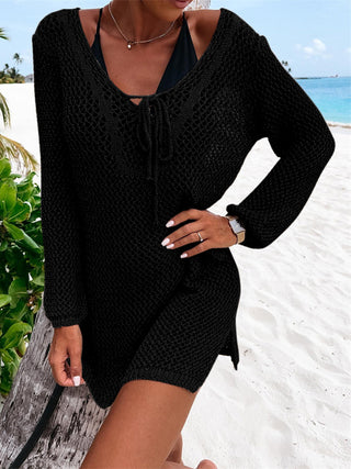 Shop Openwork Tie Neck Cover-Up Now On Klozey Store - Trendy U.S. Premium Women Apparel & Accessories And Be Up-To-Fashion!