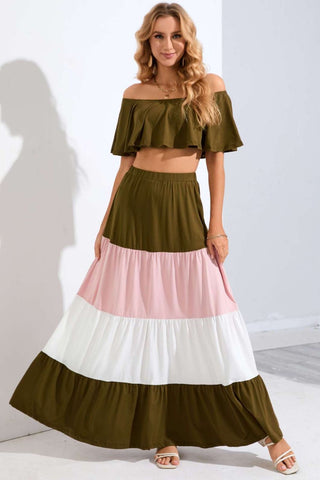 Shop Off-Shoulder Crop Top and Color Block Tiered Skirt Set Now On Klozey Store - Trnedy U.S. Premium Women Apparel & Accessories And Be Up-To-Fashion!