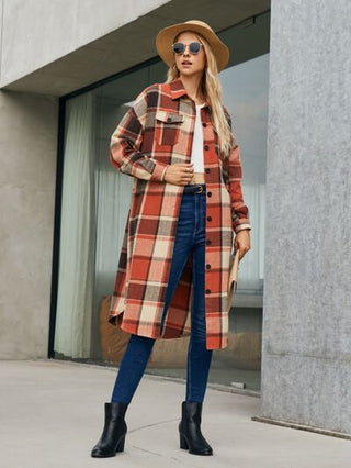 Shop Plaid Pocketed Button Up Trench Coat Now On Klozey Store - Trendy U.S. Premium Women Apparel & Accessories And Be Up-To-Fashion!