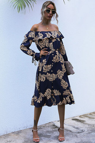 Shop Ruffled Printed Off-Shoulder Midi Dress Now On Klozey Store - Trendy U.S. Premium Women Apparel & Accessories And Be Up-To-Fashion!