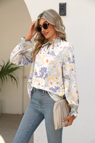 Shop Printed Tie Neck Flounce Sleeve Blouse Now On Klozey Store - Trendy U.S. Premium Women Apparel & Accessories And Be Up-To-Fashion!