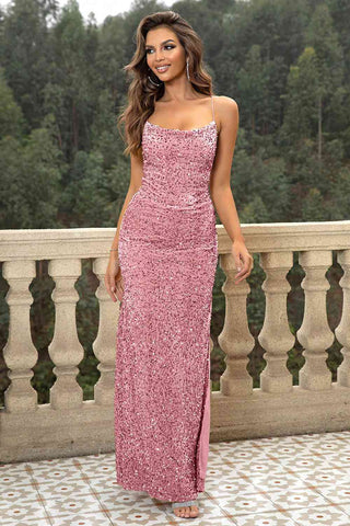 Shop Sequin Backless Split Maxi Dress Now On Klozey Store - Trendy U.S. Premium Women Apparel & Accessories And Be Up-To-Fashion!