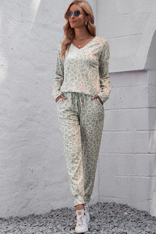 Shop Leopard V-Neck Top and Drawstring Joggers Lounge Set Now On Klozey Store - U.S. Fashion And Be Up-To-Fashion!