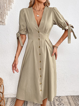 Shop Tie Cuff Deep V Button Down Dress Now On Klozey Store - Trendy U.S. Premium Women Apparel & Accessories And Be Up-To-Fashion!