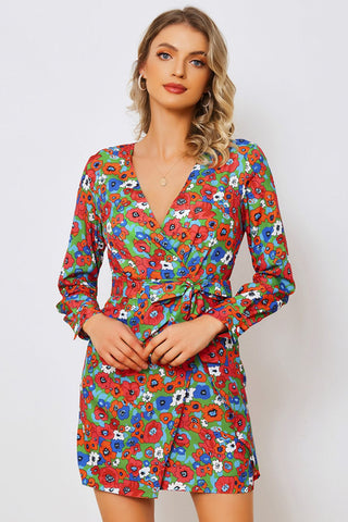Shop Floral Tied Long Sleeve Plunge Dress Now On Klozey Store - Trendy U.S. Premium Women Apparel & Accessories And Be Up-To-Fashion!
