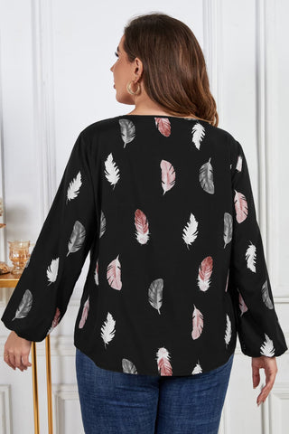 Shop Plus Size Printed Round Neck Long Sleeve Cutout Blouse Now On Klozey Store - Trendy U.S. Premium Women Apparel & Accessories And Be Up-To-Fashion!