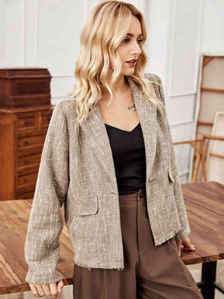Shop Lapel Collar Raw Hem Long Sleeve Blazer Now On Klozey Store - Trendy U.S. Premium Women Apparel & Accessories And Be Up-To-Fashion!