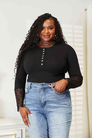 Shop Double Take Crochet Lace Hem Sleeve Button Top Now On Klozey Store - Trendy U.S. Premium Women Apparel & Accessories And Be Up-To-Fashion!