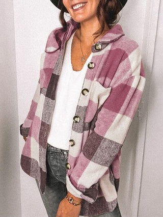 Shop Plaid Pocketed Dropped Shoulder Button Up Jacket Now On Klozey Store - Trendy U.S. Premium Women Apparel & Accessories And Be Up-To-Fashion!