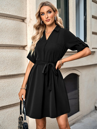 Shop Johnny Collar Tie Belt Dress Now On Klozey Store - Trendy U.S. Premium Women Apparel & Accessories And Be Up-To-Fashion!