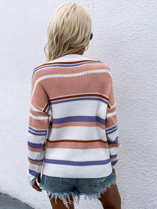 Shop Striped Drop Shoulder Round Neck Pullover Sweater Now On Klozey Store - U.S. Fashion And Be Up-To-Fashion!