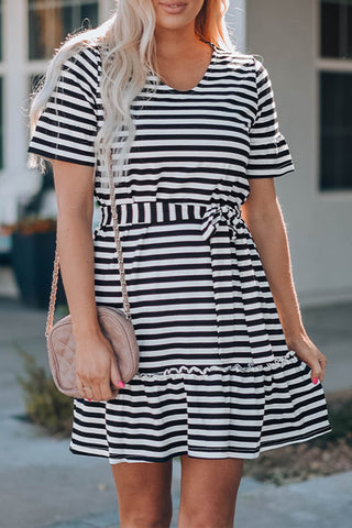 Shop Striped Tie-Waist Frill Trim V-Neck Dress Now On Klozey Store - Trendy U.S. Premium Women Apparel & Accessories And Be Up-To-Fashion!