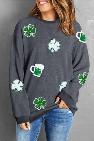 Shop Lucky Clover Beer Sequin Round Neck Sweatshirt Now On Klozey Store - Trendy U.S. Premium Women Apparel & Accessories And Be Up-To-Fashion!