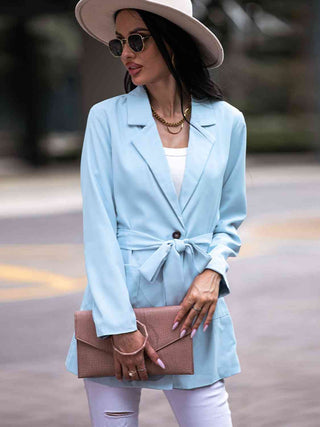 Shop Tie Waist Long Sleeve Blazer Now On Klozey Store - Trendy U.S. Premium Women Apparel & Accessories And Be Up-To-Fashion!