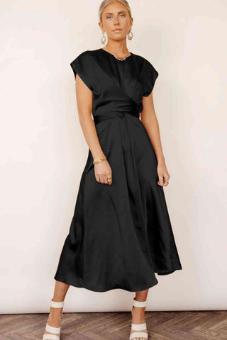 Shop Satin Cap Sleeve Tie Back Midi Dress Now On Klozey Store - Trendy U.S. Premium Women Apparel & Accessories And Be Up-To-Fashion!