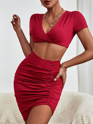 Shop Twisted Deep V Cropped Top and Ruched Skirt Set Now On Klozey Store - Trendy U.S. Premium Women Apparel & Accessories And Be Up-To-Fashion!