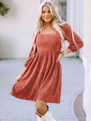 Shop Square Neck Three-Quarter Sleeve Mini Dress Now On Klozey Store - Trendy U.S. Premium Women Apparel & Accessories And Be Up-To-Fashion!