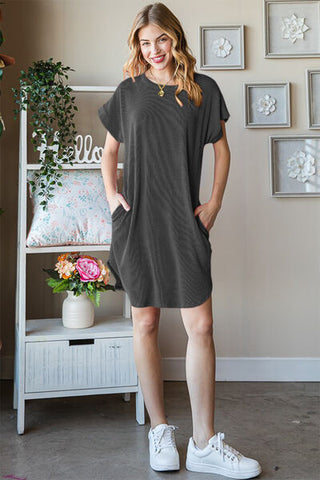 Shop Heimish Full Size Ribbed Round Neck Short Sleeve Tee Dress Now On Klozey Store - Trendy U.S. Premium Women Apparel & Accessories And Be Up-To-Fashion!