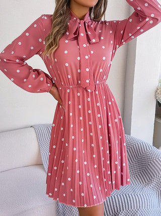 Shop Polka Dot Tie Neck Pleated Dress Now On Klozey Store - Trendy U.S. Premium Women Apparel & Accessories And Be Up-To-Fashion!