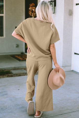 Shop Double Take Full Size Texture Short Sleeve Top and Pants Set Now On Klozey Store - Trendy U.S. Premium Women Apparel & Accessories And Be Up-To-Fashion!
