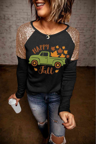 Shop HAPPY FALL Graphic Sequin T-Shirt Now On Klozey Store - Trendy U.S. Premium Women Apparel & Accessories And Be Up-To-Fashion!