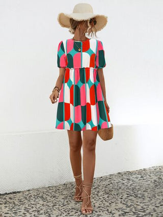 Shop Geometric Frill Round Neck Short Sleeve Dress Now On Klozey Store - Trendy U.S. Premium Women Apparel & Accessories And Be Up-To-Fashion!