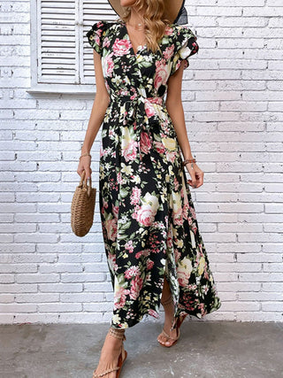 Shop Floral Flutter Sleeve Tie-Waist Split Dress Now On Klozey Store - Trendy U.S. Premium Women Apparel & Accessories And Be Up-To-Fashion!