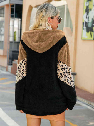 Shop Leopard Color Block Hooded Teddy Jacket Now On Klozey Store - Trendy U.S. Premium Women Apparel & Accessories And Be Up-To-Fashion!
