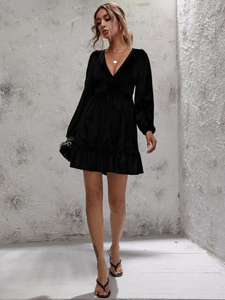 Shop Plunge Long Sleeve Ruffle Hem Dress Now On Klozey Store - Trendy U.S. Premium Women Apparel & Accessories And Be Up-To-Fashion!