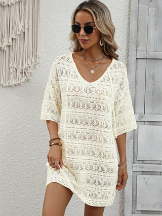 Shop Openwork V-Neck Mini Knit Dress Now On Klozey Store - U.S. Fashion And Be Up-To-Fashion!