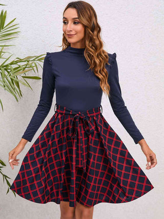 Shop Plaid Tie Waist Ruffle Shoulder Dress Now On Klozey Store - Trendy U.S. Premium Women Apparel & Accessories And Be Up-To-Fashion!