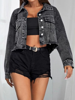 Shop Collared Neck Dropped Shoulder Button-Down Denim Jacket Now On Klozey Store - U.S. Fashion And Be Up-To-Fashion!