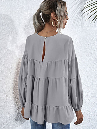 Shop Round Neck Dropped Shoulder Tiered Blouse Now On Klozey Store - Trendy U.S. Premium Women Apparel & Accessories And Be Up-To-Fashion!