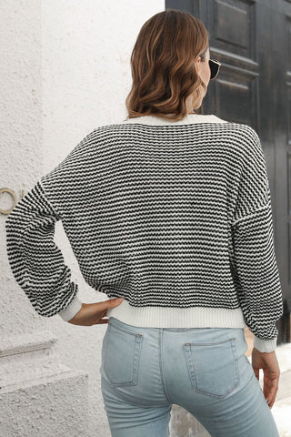 Shop Striped Round Neck Dropped Shoulder Sweater Now On Klozey Store - Trendy U.S. Premium Women Apparel & Accessories And Be Up-To-Fashion!