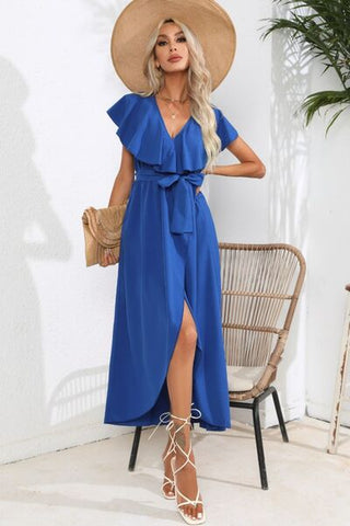 Shop Ruffled Tied V-Neck Midi Dress Now On Klozey Store - Trendy U.S. Premium Women Apparel & Accessories And Be Up-To-Fashion!