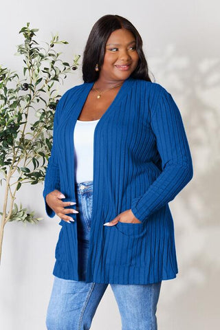 Shop Basic Bae Full Size Ribbed Open Front Cardigan with Pockets Now On Klozey Store - Trendy U.S. Premium Women Apparel & Accessories And Be Up-To-Fashion!