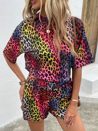 Shop Leopard Round Neck Dropped Shoulder Half Sleeve Top and Shorts Set Now On Klozey Store - U.S. Fashion And Be Up-To-Fashion!