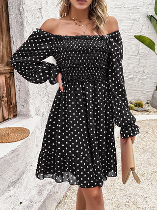 Shop Smocked Polka Dot Long Sleeve Dress Now On Klozey Store - Trendy U.S. Premium Women Apparel & Accessories And Be Up-To-Fashion!