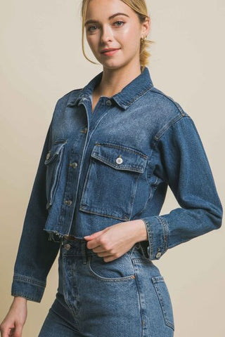 Shop LOVE TREE Raw Hem Button Up Cropped Denim Jacket Now On Klozey Store - Trendy U.S. Premium Women Apparel & Accessories And Be Up-To-Fashion!