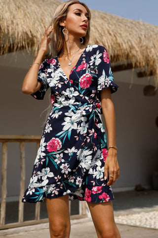 Shop Floral Tied Flounce Sleeve Surplice Dress Now On Klozey Store - Trendy U.S. Premium Women Apparel & Accessories And Be Up-To-Fashion!