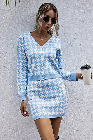 Shop Houndstooth Button Front Sweater and Skirt Set Now On Klozey Store - U.S. Fashion And Be Up-To-Fashion!