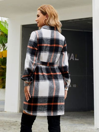 Shop Plaid Belted Collared Neck Button Up Jacket Now On Klozey Store - Trendy U.S. Premium Women Apparel & Accessories And Be Up-To-Fashion!