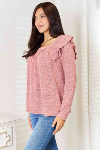 Shop Double Take Square Neck Ruffle Shoulder Long Sleeve T-Shirt Now On Klozey Store - Trendy U.S. Premium Women Apparel & Accessories And Be Up-To-Fashion!