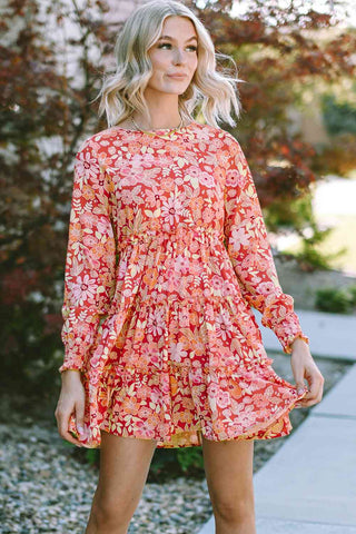 Shop Floral Print Round Neck Long Sleeve Tiered Dress Now On Klozey Store - Trendy U.S. Premium Women Apparel & Accessories And Be Up-To-Fashion!