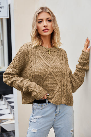 Shop Cable-Knit Round Neck Dropped Shoulder Sweater Now On Klozey Store - Trendy U.S. Premium Women Apparel & Accessories And Be Up-To-Fashion!