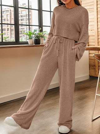 Shop Ribbed Round Neck Top and Drawstring Pants Set Now On Klozey Store - Trendy U.S. Premium Women Apparel & Accessories And Be Up-To-Fashion!